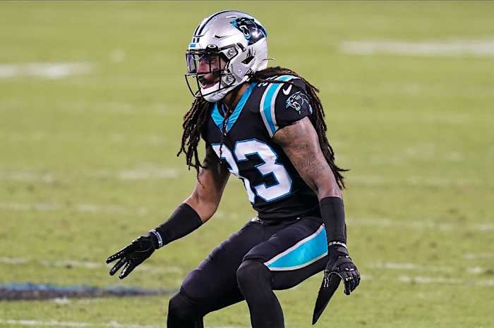 Oct 29, 2020; Charlotte, North Carolina, USA; Carolina Panthers free safety Tre Boston (33) back on defense against the Atlanta Falcons during the second quarter at Bank of America Stadium. Mandatory Credit: Jim Dedmon-USA TODAY Sports